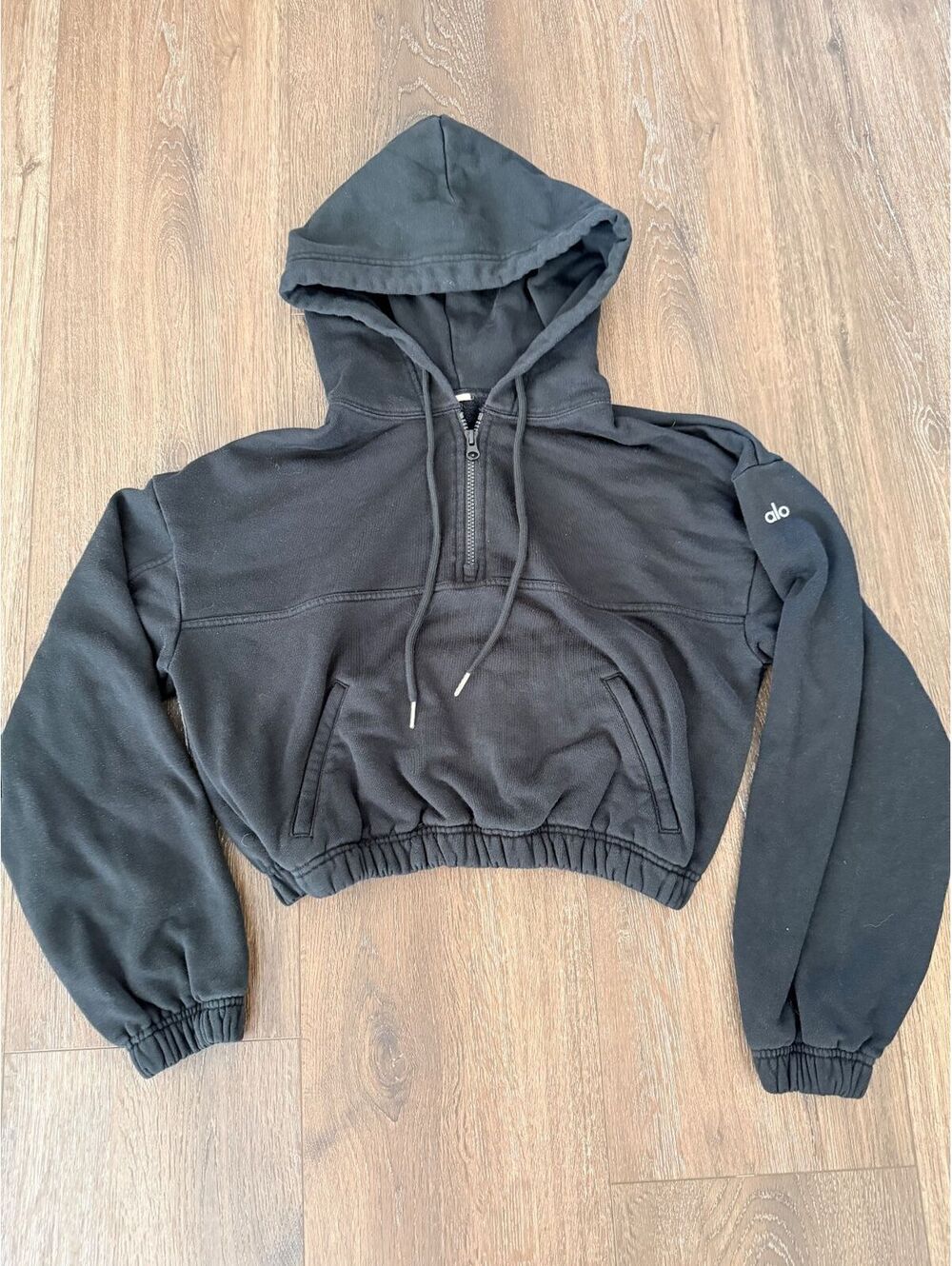 Alo Yoga Refresh Stadium Half Zip Hoodie Black Cropped XS